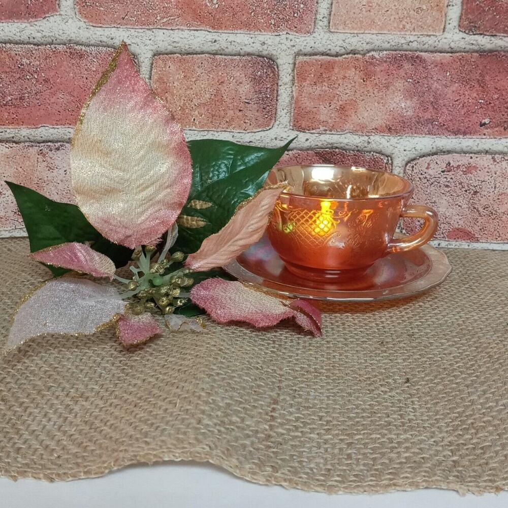 Vintage Carnival Glass Cup Saucer Marigold Amber Floral Lattice MCM Decor VTG
